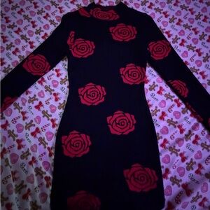 Elegant Long Sleeve Dress with Red Floral Design